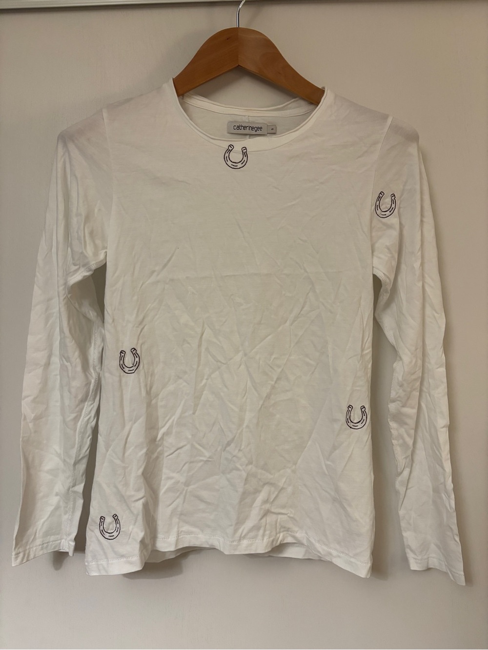 Catherine Gee White Horeshoe Long-Sleeve Tee Size Small Embroidered Americana - Picture 5 of 12